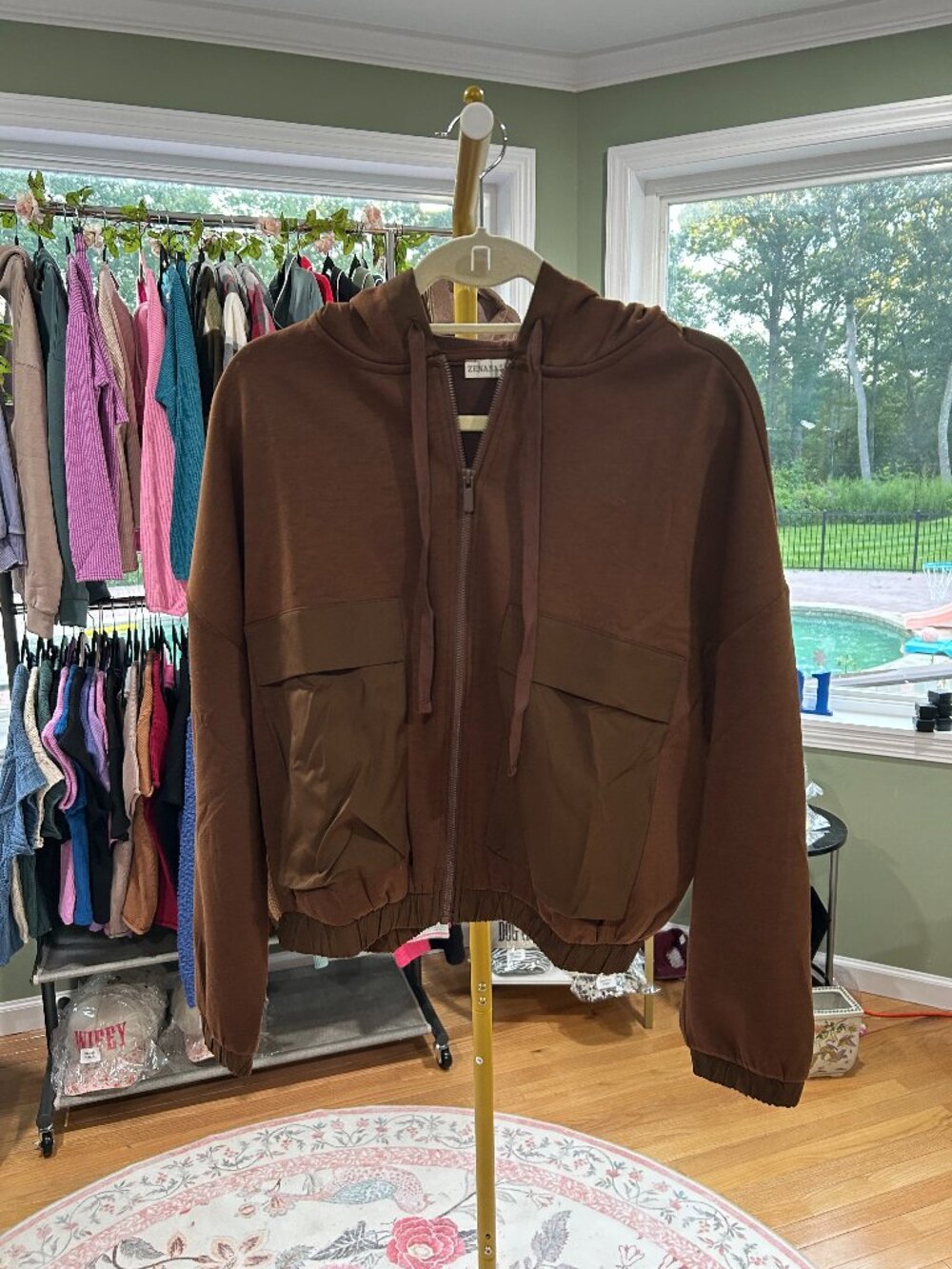 NWT Zenana brown Soft Scuba Full-Zip Hoodie Jacket